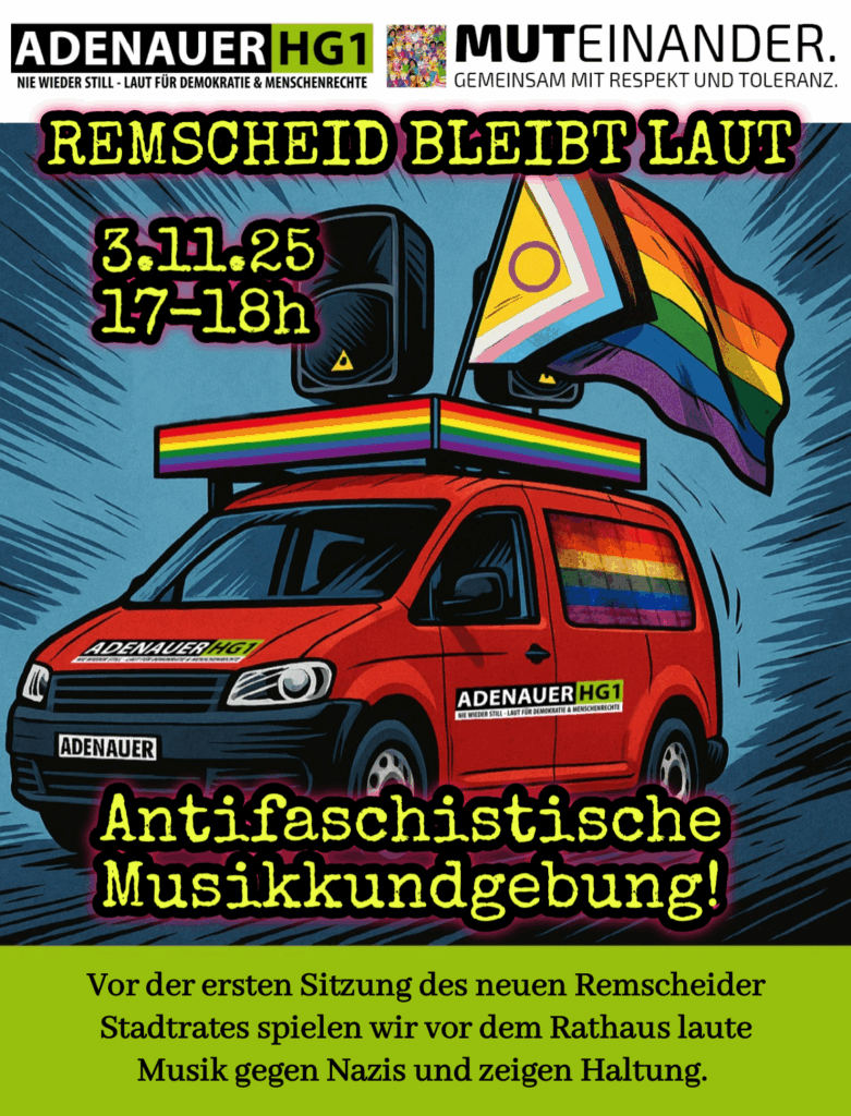 Antifaschistische Musikkundgebung mit dem Adenauer HG1 vor dem Remscheider Rathaus am 3.11.25 von 17-18h